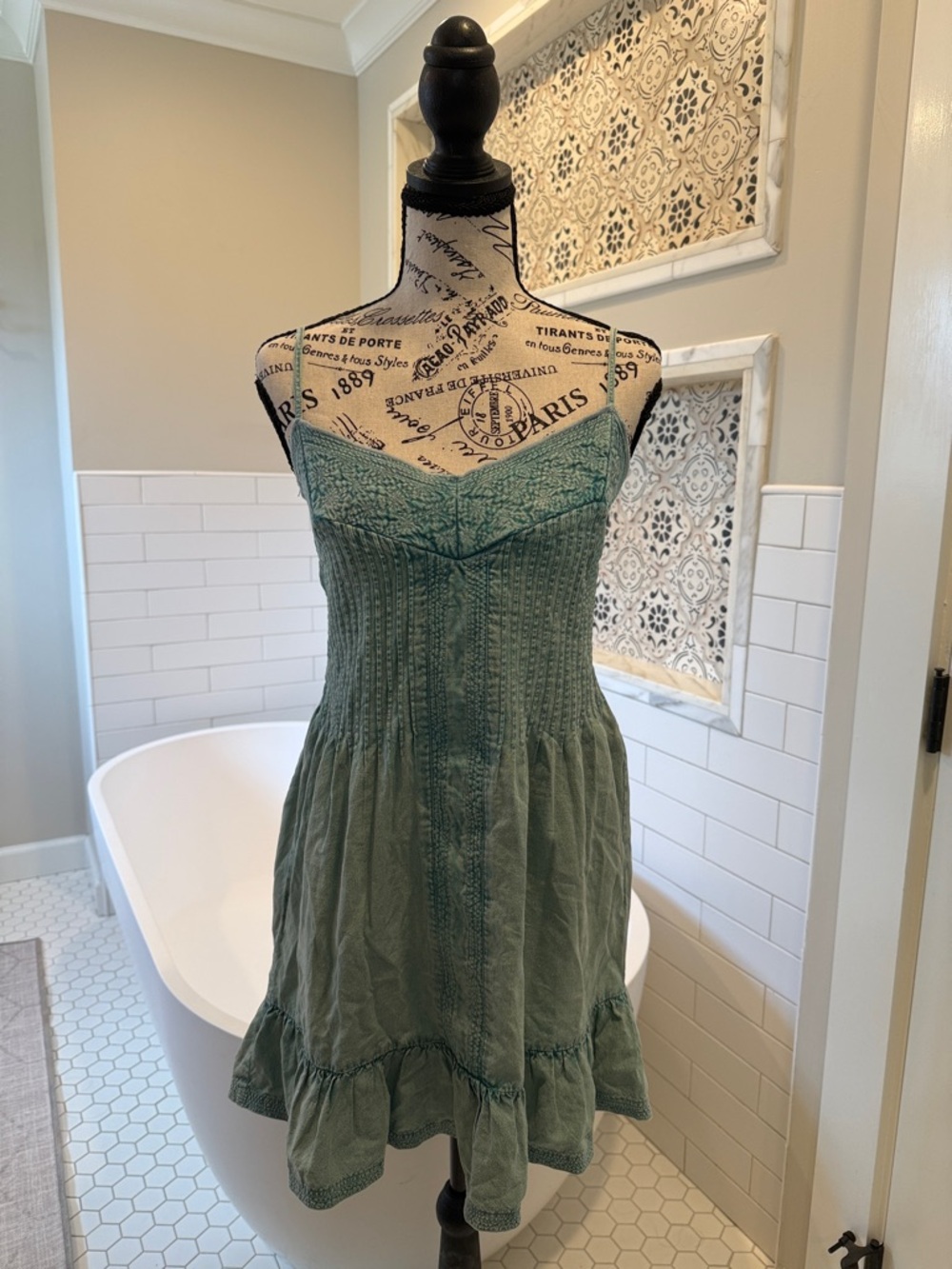 Twelfth Street by Cynthia Vincent Sage Green Smocked Mini Dress with Ruffle Hem